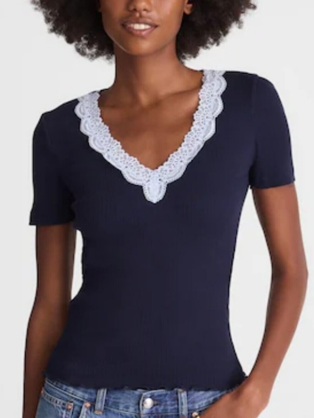 Madewell Lace-Trim V-Neck Ribbed Top Blue Small NWT